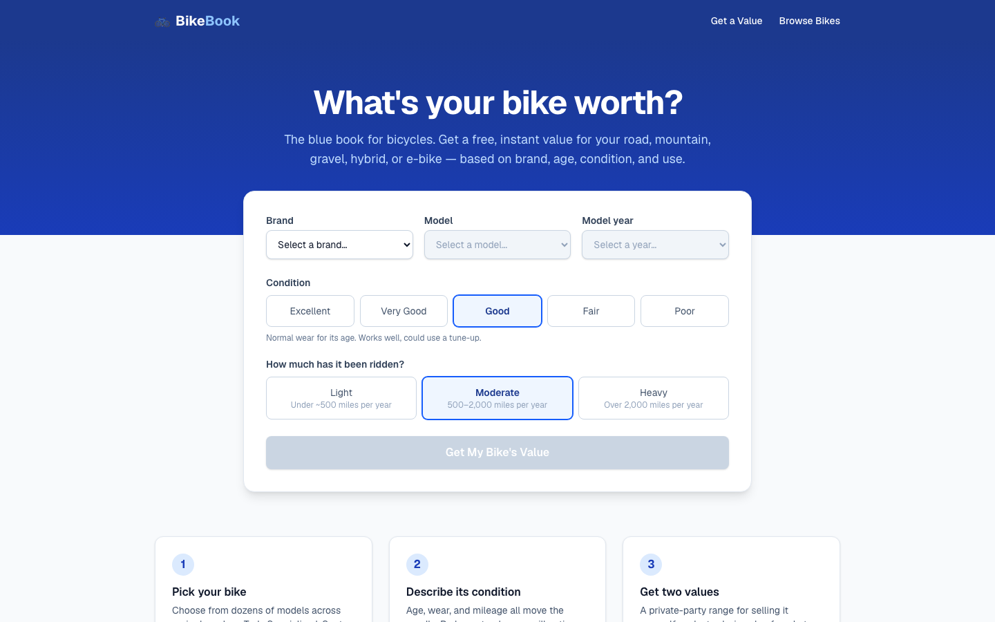 BikeBook valuation interface