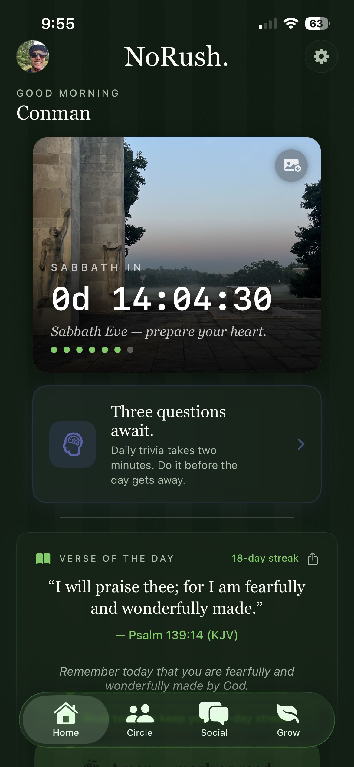 NoRush home screen showing Sabbath countdown