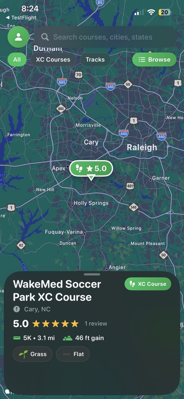 XC Map showing WakeMed Soccer Park XC Course with 5.0 rating
